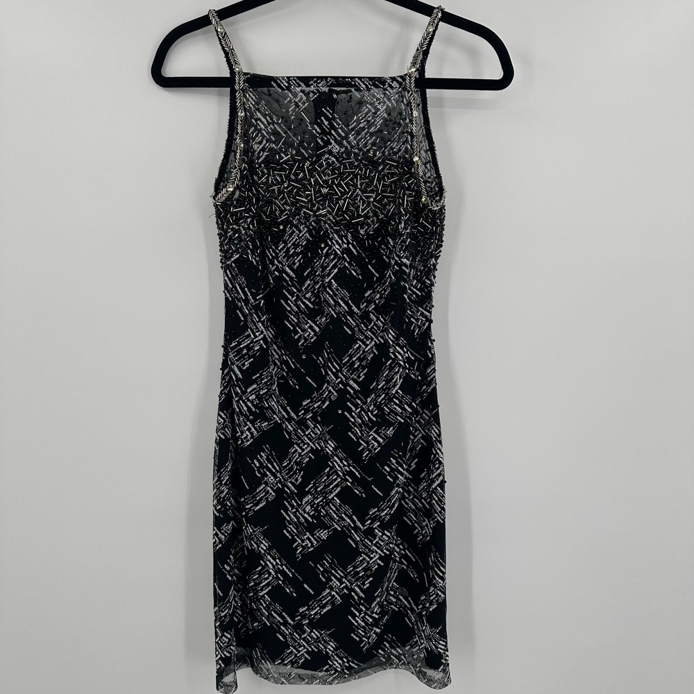 NEW Badgley Mischka Black White Beaded Sparkle Sheath Cocktail Glam Dress Size 4
